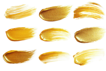 Collection of golden paint brush strokes isolated on transparent background. Set of gold brush strokes isolated on white background.