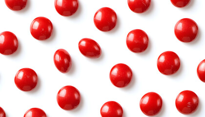 Bright red candies on white background for creative use.