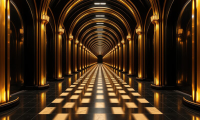 Obraz premium Luxurious Golden Arched Corridor with Dramatic Lighting