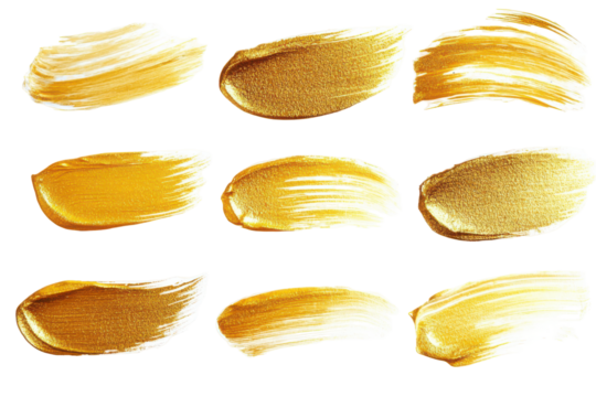 Collection of golden paint brush strokes isolated on transparent background. Set of gold brush strokes isolated on white background.
