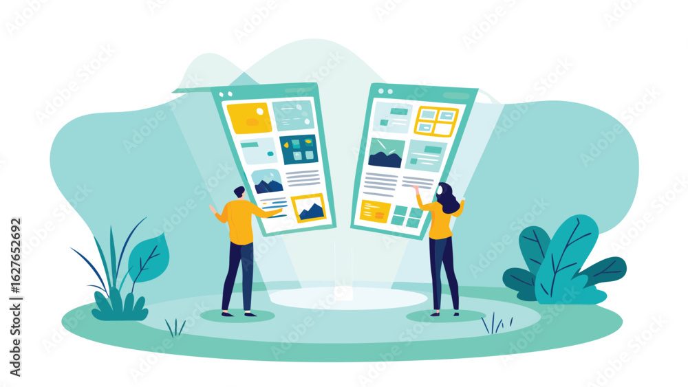 Poster People interacting with two large screens displaying grid layouts in a stylized outdoor setting