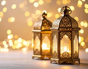 Fototapeta premium Two ornate metallic lanterns glow softly, set against a bokeh backdrop