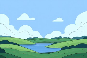 Fototapeta premium A serene landscape with rolling hills and a tranquil lake.