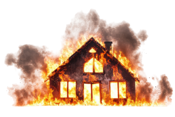 House engulfed in flames and smoke isolated on transparent background. Set of house engulfed in flames with smoke billowing isolated on white background.