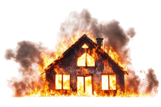 House engulfed in flames and smoke isolated on transparent background. Set of house engulfed in flames with smoke billowing isolated on white background.