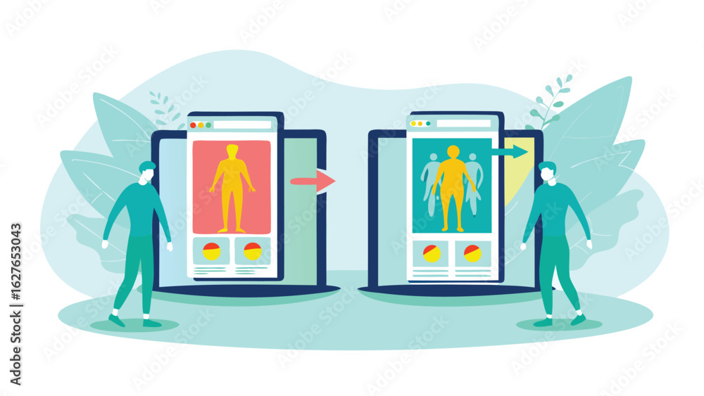 Poster illustration showing data transfer between two screens with human figures and an arrow in the middle