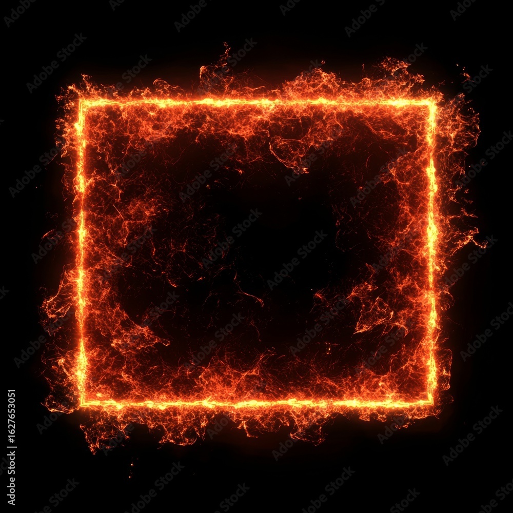 Poster dynamic square blazing element on black backdrop with glowing fiery borders for creative design