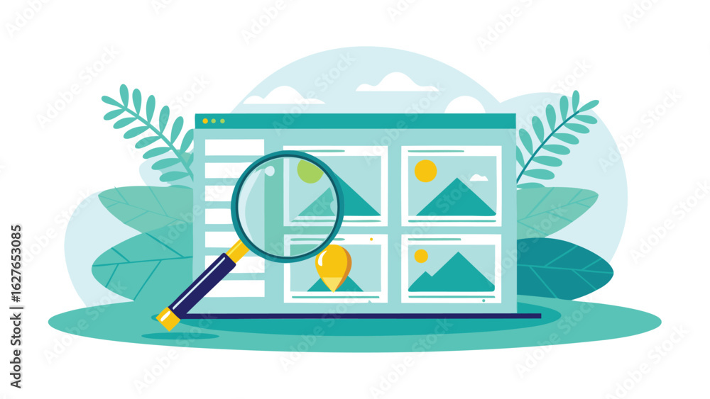 Poster magnifying glass over website gallery interface with images of mountains and location pin icons show