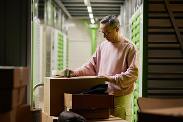 Middle aged Caucasian man sealing cardboard box with packing tape in storage facility, standing...