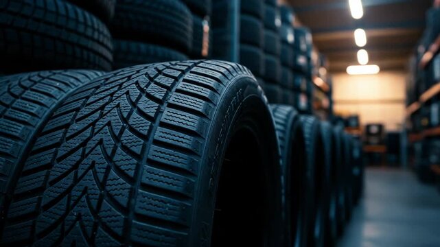 A closeup view of several new black car tires stacked in a warehouse, showing the detailed tread pattern