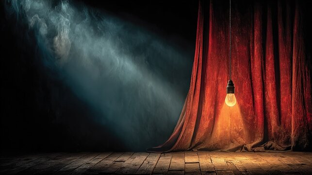 Vintage Stage with Red Curtain and Hanging Light Drama Performance Spotlight Background