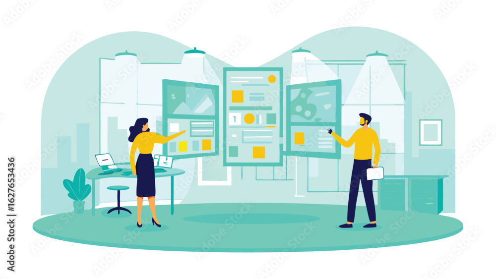 Poster two people presenting data on multiple screens in a modern office environment with computers and pla