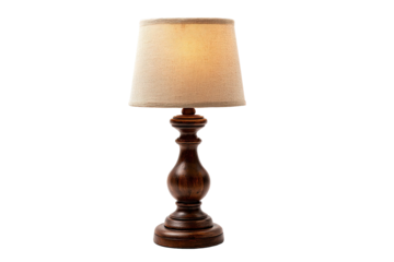 Small, light beige fabric lampshade on a dark brown wooden base