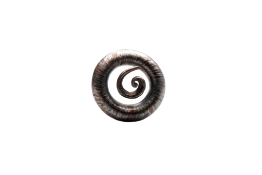 Circular, stylized spiral motif.  Dark, muted tones.  Complex spiral design.  High contrast