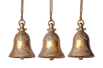 Three ornate golden bells hanging isolated on transparent background. Set of Three beautiful golden bells with unique isolated on white background.