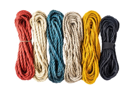 Collection of colorful twisted ropes isolated on transparent background. Set of rope isolated on white background. - Powered by Adobe