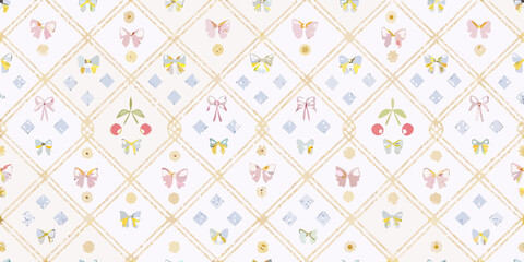 Charming pastel butterfly and bow pattern with a delicate diamond grid and cherry accents