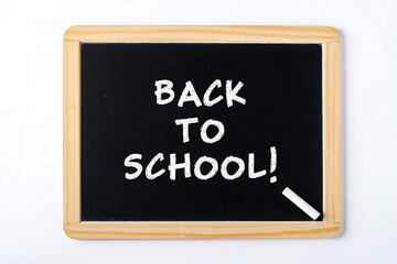 Obraz premium Chalkboard with Back to School message and a piece of chalk for educational concepts and seasonal promotions