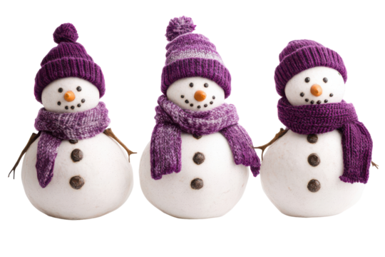 Three cute snowman wearing purple hats and scarves isolated on transparent background. Set of cheerful snowmen in purple hats and scarves isolated on white background.