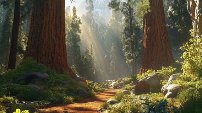 Sunbeams illuminating a path through a redwood forest. - Powered by Adobe