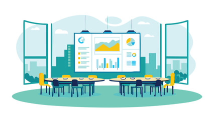 Conference room with data charts display and tables with chairs in a modern office setting view