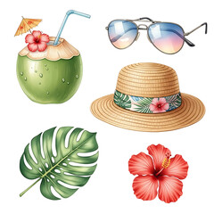 summer drink with straw hat and sunglasses