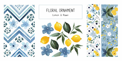 Watercolor floral ornament with lemons and blue flowers on a white background