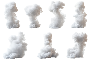 Collection of unique white mineral formations isolated on transparent background. Set of white smoke isolated on white background.