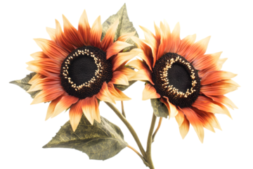 Two artificial orange and yellow sunflowers with dark centers and green leaves isolated on a white background.