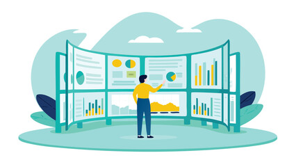 Person analyzing charts and graphs on multiple screens in a data visualization environment setting