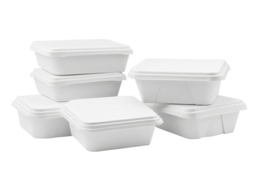 Stack of white disposable food containers isolated on transparent background. Set of white styrofoam food box isolated on white background.