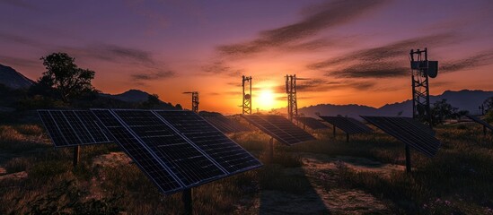 Obraz premium Scenic Sunset View of Solar Panels and Communication Towers in a Rural Landscape