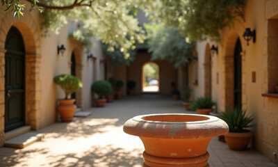 Fototapeta premium Tranquil courtyard with arched walkways and potted plants