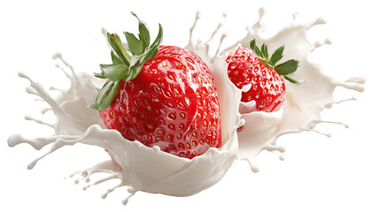 Strawberry falling into milk