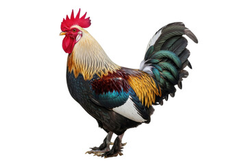 Fototapeta premium Majestic rooster with vibrant red comb, vivid red wattle, multi-colored plumage (white, black, brown, gold, iridescent blue-green tail), standing proudly on transparent studio background, side view,