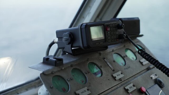 Captain using vhf radio and adjusting controls on ship's bridge. Clip