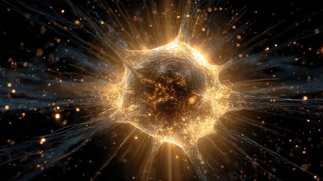 Glowing sphere of light with a black background. The sphere is surrounded by a lot of small dots. abstract cancer cell exploding in golden flash, high contrast, break cancer cells, targeted therapy