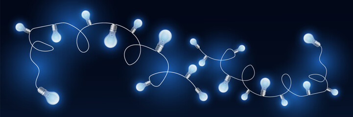 Blue glowing garland of light bulbs. On a dark background