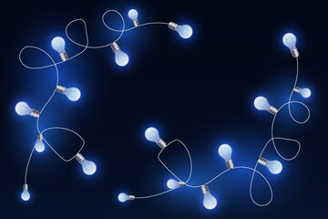 Blue glowing garland of light bulbs. On a dark background