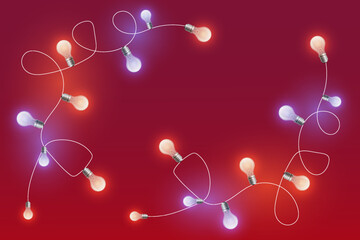 Garland of glowing light bulbs. On a red background