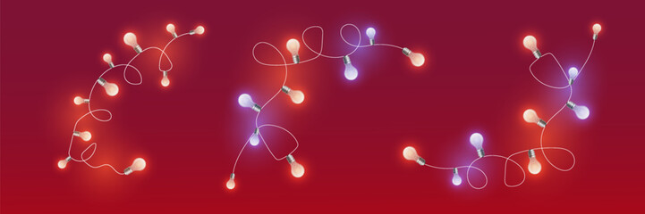 Garland of glowing light bulbs. On a red background