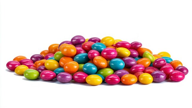 Colorful dragee candy pile on white background. AI image