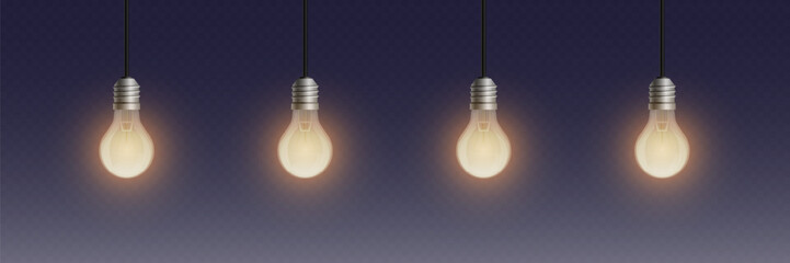 Hanging glowing light bulbs. On a transparent background.