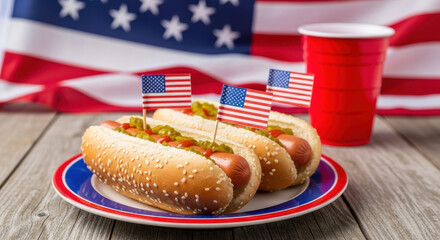 Three delicious hot dogs topped with relish and mustard served on a plate with american flags and a red cup