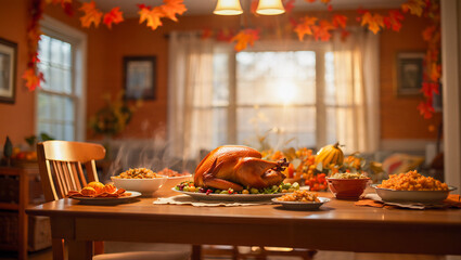 Thanksgiving Celebration With a Roasted Turkey and Traditional Dishes in a Cozy Dining Room Adorned With Autumn Decorations