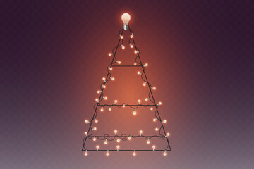 Christmas tree made of wire and glowing string lights.