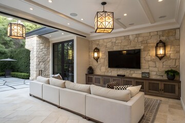 living room interior with brick wall