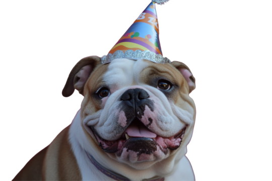 English bulldog wearing a colorful party hat isolated on transparent background. Smiling bulldog wearing a birthday hat against a pink background.