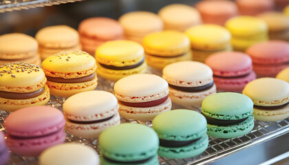 Obraz premium Colorful macarons arranged in a decorative display for dessert