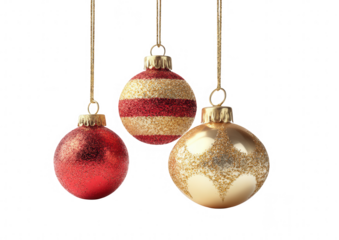 Three Christmas ornaments, gold and red, hanging (1)